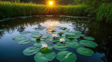 A tranquil pond at sunrise, featuring beautiful water lilies and reflections of sunlight on still water, surrounded by lush greenery, perfect for nature lovers and serene atmospheres.の素材