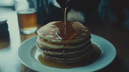 A delicious stack of fluffy pancakes topped with rich golden syrup, served on a white plate, creating a warm and inviting breakfast scene perfect for cozy mornings.の素材