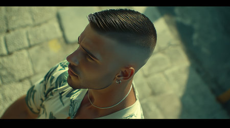 A young man stands outdoors, showcasing his stylish haircut and tropical shirt, exuding confidence and charm against a sunny backdrop, perfect for lifestyle themes.の素材