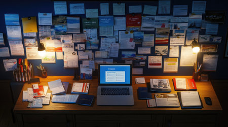 A vibrant workspace featuring a laptop surrounded by notes, calendars, and various documents, creating an inspiring environment for creativity and productivity.の素材