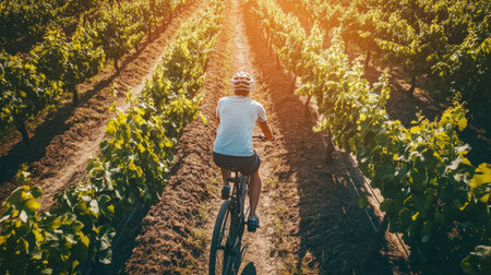 A cyclist enjoys a picturesque ride through a vibrant vineyard at sunset, surrounded by rows of lush grapevines, embodying the spirit of adventure and tranquility in nature.の素材