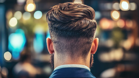 A fashionable man with a stylish haircut and beard is seen from the back in a modern barbershop, surrounded by a warm, inviting atmosphere and softly blurred salon lights.の素材