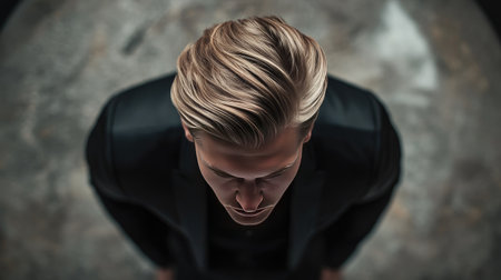 A stylish young man with striking blonde hair poses dramatically from an overhead perspective, showcasing a blend of elegance and modern fashion in a unique urban environment.の素材