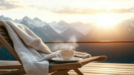 A tranquil scene featuring a steaming cup of coffee on a comfy lounge chair with a warm blanket, surrounded by stunning mountain views during a serene sunrise.の素材