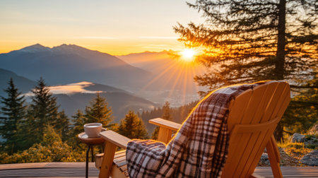 Enjoy a peaceful morning with a stunning sunrise over majestic mountains, a cozy deck chair, warm blanket, and a cup of coffee. Perfect ambiance for relaxation in nature.の素材