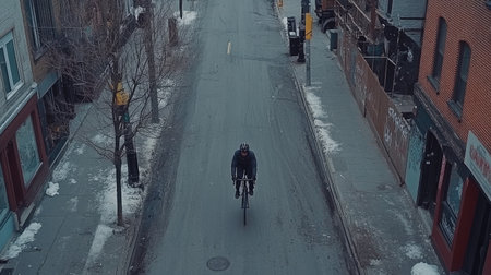 A solitary cyclist rides through a wintery urban street blanketed in snow, embodying tranquility and the beauty of a quiet city atmosphere during the colder months.の素材