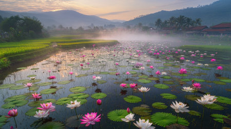 A stunning view of a lotus pond at sunrise, featuring vibrant pink and white blooms, surrounded by lush fields and misty mountains, showcasing nature's serene beauty.の素材