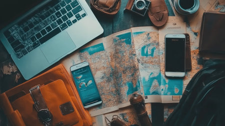 A captivating flat lay of travel essentials showcasing a laptop, smartphone, map, and camera, perfect for adventure planning and showcasing travel lifestyle.の素材