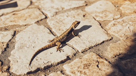 A vibrant lizard is seen leisurely crawling on a sunlit stone pathway, showcasing its intricate patterns against a natural backdrop, creating a tranquil scene.の素材