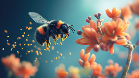 A stunning close-up captures a bumblebee in flight, disseminating pollen from vibrant flowers, illustrating nature's beauty and importance of pollinators in a peaceful garden atmosphere.の素材