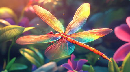 A vibrant dragonfly with iridescent wings hovers gracefully over a colorful array of flowers in a lush garden setting, capturing the essence of nature's beauty.の素材