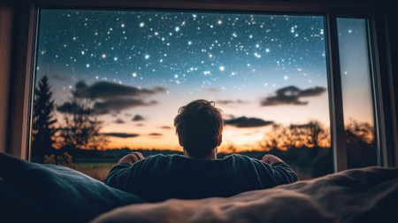 A person sitting comfortably indoors gazes out a window at a breathtaking starry sky during dusk, capturing a moment of peace and reflection amidst the beauty of nature.の素材