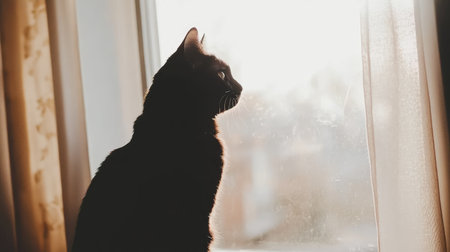 A serene moment captured as a black cat gazes out a window at sunset, with soft light illuminating its fur, evoking feelings of peace and tranquility in a cozy indoor setting.の素材