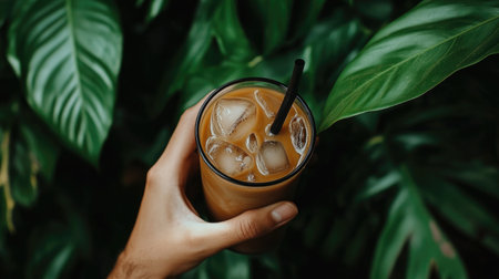 A captivating image of a hand holding a chilled iced coffee drink with ice cubes, surrounded by lush green leaves, evoking a refreshing summer atmosphere perfect for relaxation.の素材