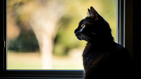 A beautiful black cat sits by a window, gazing outside with a curious expression. The sunlight creates a serene atmosphere, highlighting the cat's features. Perfect for cat lovers!の素材
