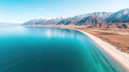 Captivating aerial shot showcasing a calm beach with serene blue waters, bordered by snow-covered mountains under a bright and clear sky. Perfect for travel themes.の素材
