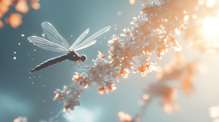 A captivating dragonfly rests on a blooming branch, with soft sunlight illuminating its delicate wings, creating a tranquil and enchanting nature scene.の素材