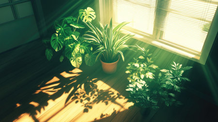 A serene scene featuring sunlight filtering through a window, casting stunning shadows of indoor plants on the floor, creating a peaceful and inviting atmosphere.の素材