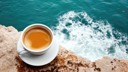 A serene image of a coffee cup resting on a stone ledge by the ocean, with gentle waves crashing in the background, perfect for relaxation and travel themes.の素材