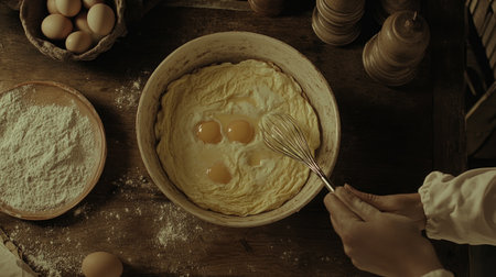 A close-up view of hands whisking batter with eggs in a rustic kitchen, surrounded by flour and eggs, creating a warm, inviting atmosphere for cooking and baking enthusiasts.の素材