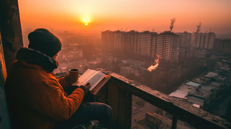 A serene morning captured as a person reads a book and enjoys a warm drink on a balcony, with the soft glow of sunrise illuminating the city skyline.の素材