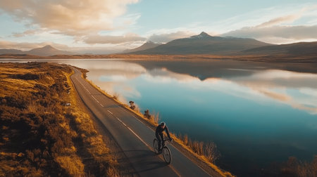 A breathtaking view of a cyclist riding along a tranquil lake road, surrounded by majestic mountains and reflected in calm waters, capturing the essence of outdoor adventure.の素材