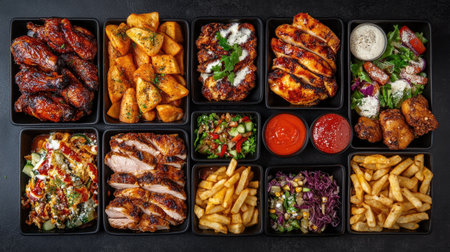 A vibrant display of assorted grilled meats and sides, including chicken wings, fries, and fresh salads, ideal for barbecue events or catering services with delicious flavors.の素材