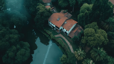 Experience a tranquil aerial view of a charming house nestled among lush greenery, reflecting on a calm waterbody with morning fog enhancing the serene atmosphere.の素材