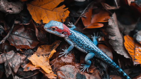 A vibrant lizard rests among autumn leaves, displaying its colorful skin and intricate patterns. This image captures the essence of wildlife in a natural forest habitat.の素材