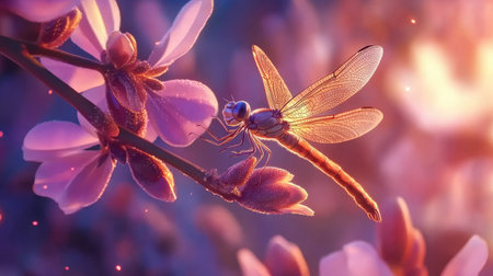 A stunning dragonfly perches on blooming flowers, basking in warm sunlight. The vibrant colors and serene atmosphere evoke a peaceful spring moment in nature.の素材