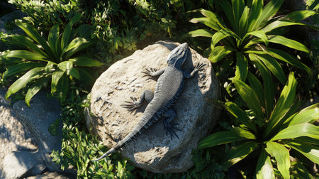 A stunning lizard is perched on a rock amidst verdant foliage, capturing the essence of wildlife in a tranquil setting, perfect for nature enthusiasts and photographers alike.の素材