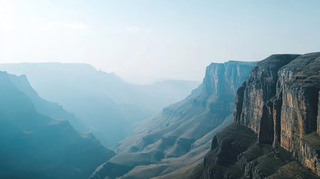 This breathtaking mountain landscape features dramatic cliffs and soft mist, highlighting the natural beauty and serene atmosphere of the rugged terrain in a remote environment.の素材
