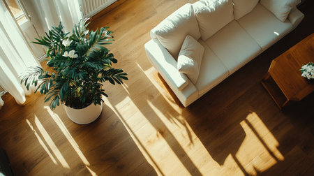 Inviting living room with a white sofa and lush plant, bathed in natural light on warm wooden floors, creating a serene and stylish home environment perfect for relaxation.の素材