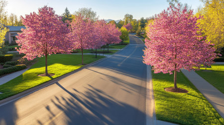A picturesque spring morning showcasing a quiet suburban road lined with stunning cherry blossom trees in full bloom, surrounded by a vibrant green landscape.の素材