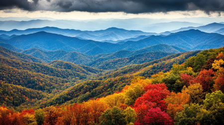 This stunning autumn scene features rolling hills adorned with vivid foliage, showcasing nature's beautiful colors under a dramatic cloud-filled sky.の素材