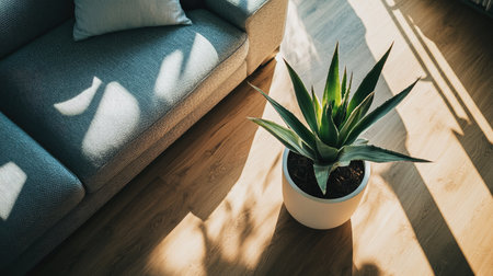 A serene living room scene featuring a stylish gray couch paired with a vibrant green potted plant, illuminated by soft natural light, creating a warm atmosphere.の素材