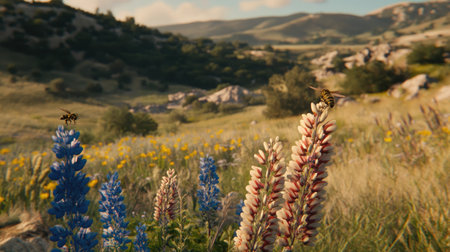 A picturesque meadow featuring stunning wildflowers in blue and pink hues, with bees actively pollinating under a clear, sunny sky, representing nature's vibrancy and harmony.の素材