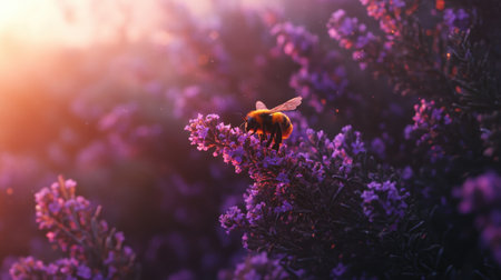 A stunning image capturing a bee on purple lavender flowers, illustrating the beauty of nature and the vital role of pollinators in our ecosystem at sunset.の素材