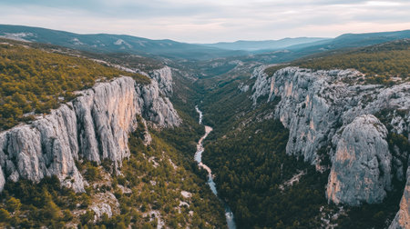 An awe-inspiring aerial landscape showcasing a river winding through a lush canyon, flanked by impressive rocky cliffs and mountains under a soft, cloudy sky.の素材