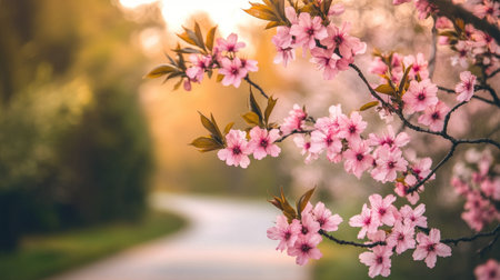 A captivating view of cherry blossoms in pink hues gracefully framing a winding path, evoking tranquility and the beauty of springtime in nature.の素材