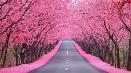 A picturesque roadway enveloped in blooming cherry blossoms creates a stunning pink canopy that invites tranquility and beauty in nature during springtime.の素材