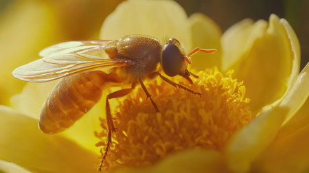 A beautiful close-up of a bee delicately pollinating a bright yellow flower, highlighting the intricate details of the insect and flower under soft sunlight.の素材