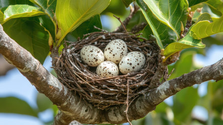A stunning close-up of a nest containing four speckled eggs nestled in lush green leaves, showcasing a serene natural scene perfect for wildlife lovers and nature enthusiasts.の素材
