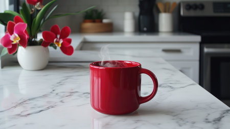 A vibrant red mug filled with a steaming beverage sits on a marble countertop, complemented by an elegant orchid. This kitchen scene exudes warmth and relaxation.の素材