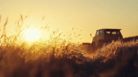 A serene golden sunrise bathes a field in light, with a silhouetted vehicle creating a peaceful rural scene, showcasing the beauty of nature and tranquility.の素材