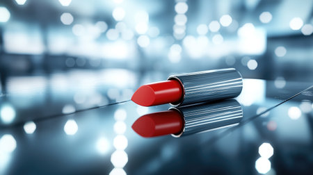 This striking image features a bright red lipstick lying on a glossy surface, with a soft blurred background enhancing its allure and elegance. Perfect for beauty and fashion themes.の素材