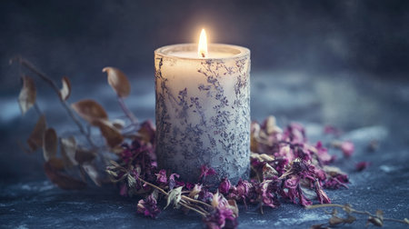 A decorative candle with a flickering flame rests amidst dried flowers, creating a serene ambiance. This still life captures warmth and tranquility in a beautifully styled arrangement.の素材