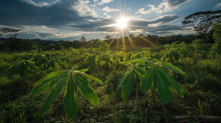 A stunning sunset illuminates a lush green field filled with tropical foliage. This serene scene captures the beauty of nature and vibrant sunlight.の素材