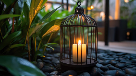 A beautiful candle enclosed in a black cage creates a warm glow among lush greenery. This serene setting captures tranquility and elegance, perfect for interior decoration.の素材
