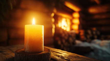 A warm candle illuminates a rustic cabin setting, creating a serene atmosphere. The soft glow enhances the cozy feel of the wooden interior, perfect for relaxation.の素材